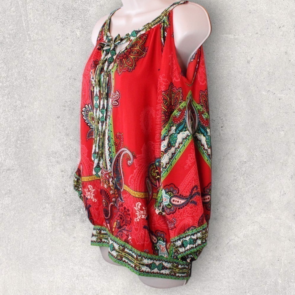 ECI Cold Shoulder Long Sleeve Blouse Multicolor Red, Pink, Green, White Size M - Picture 3 of 16